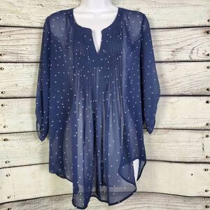 Daniel Rainn Navy Blue Polka Dot Sheer Tunic Top M Long Sleeve Lined